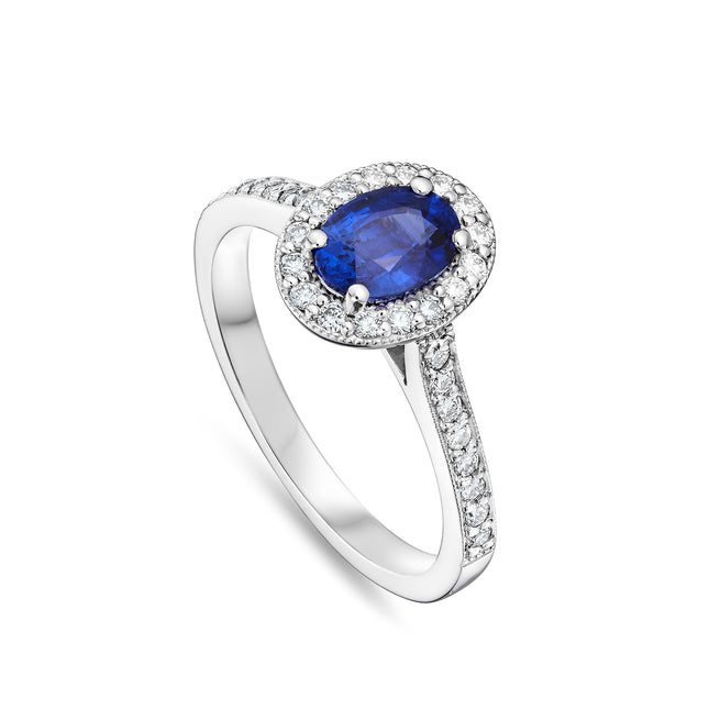 Oval Sapphire and Diamond Halo Ring in Platinum
