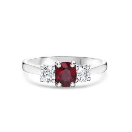Oval Cut Ruby and Diamond Trilogy Ring in Platinum