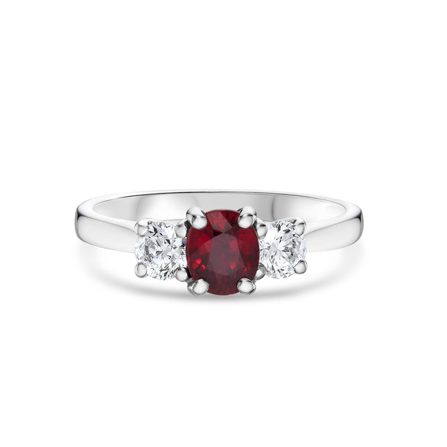 Oval Cut Ruby and Diamond Trilogy Ring in Platinum