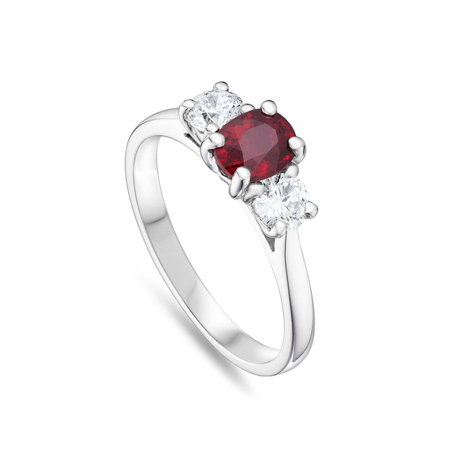 Oval Cut Ruby and Diamond Trilogy Ring in Platinum