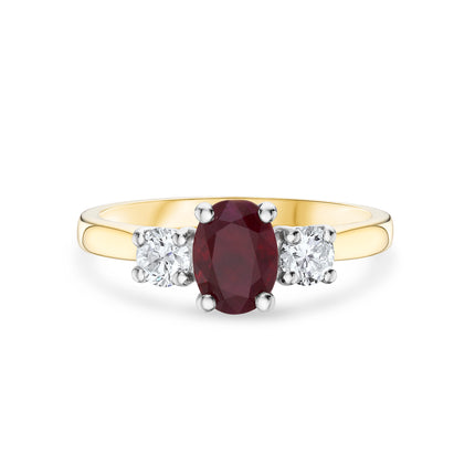 Oval Cut Ruby and Diamond Trilogy Ring in Yellow Gold and Platinum