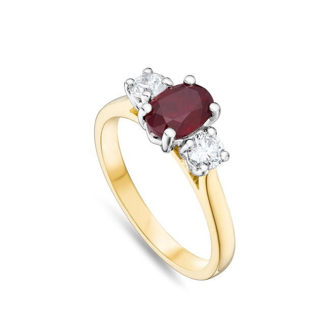 Oval Cut Ruby and Diamond Trilogy Ring in Yellow Gold and Platinum