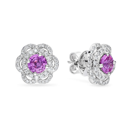 Round Pink Sapphire and Diamond Halo Earrings in White Gold