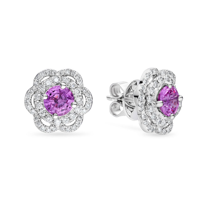 Round Pink Sapphire and Diamond Halo Earrings in White Gold
