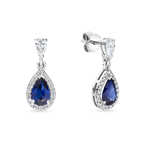 Pear Shape Sapphire and Diamond Drop Earrings in White Gold