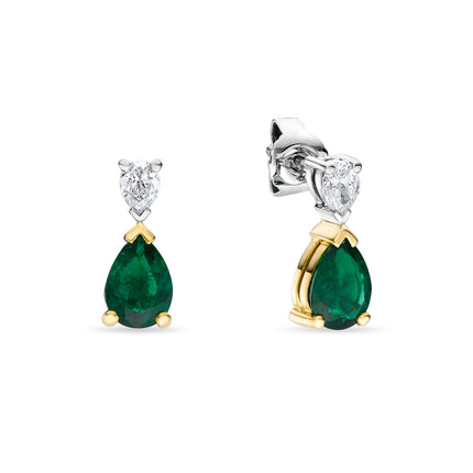 Pear Shape Emerald and Diamond Drop Earrings in Yellow and White Gold