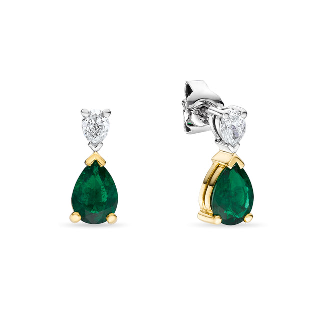 Pear Shape Emerald and Diamond Drop Earrings in Yellow and White Gold
