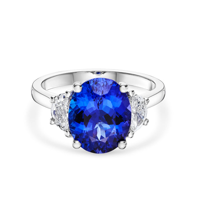 4.21ct Oval Cut Tanzanite and Diamond Trilogy Ring in Platinum