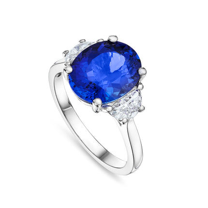 4.21ct Oval Cut Tanzanite and Diamond Trilogy Ring in Platinum