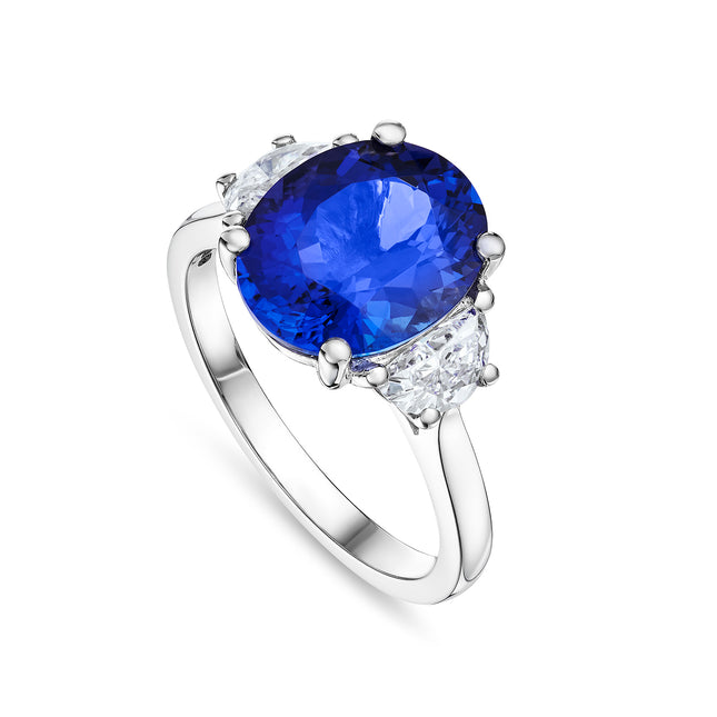 4.21ct Oval Cut Tanzanite and Diamond Trilogy Ring in Platinum