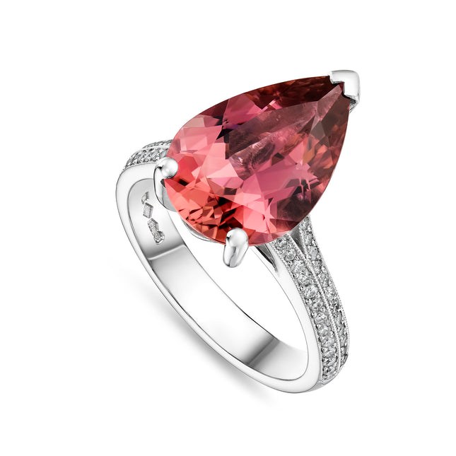 Pear Cut Pink Tourmaline and Diamond Set Shoulder Ring in Platinum