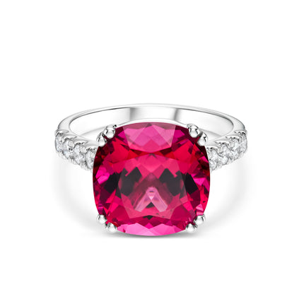 Cushion Cut Rubellite and Diamond Set Shoulder Ring in Platinum