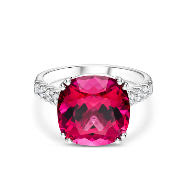 Cushion Cut Rubellite and Diamond Set Shoulder Ring in Platinum