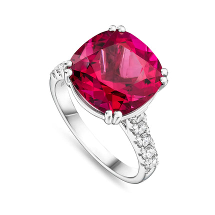 Cushion Cut Rubellite and Diamond Set Shoulder Ring in Platinum