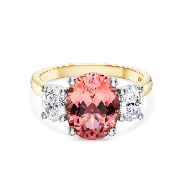 Oval Cut Pink Tourmaline and Diamond Trilogy Ring in Yellow Gold and Platinum