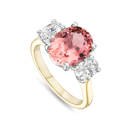 Oval Cut Pink Tourmaline and Diamond Trilogy Ring in Yellow Gold and Platinum