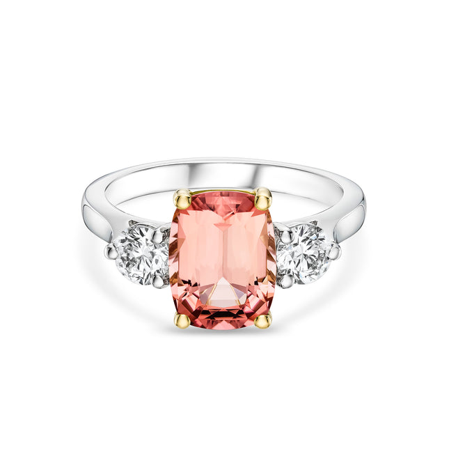 Cushion Cut Pink Tourmaline and Diamond Trilogy Ring in Platinum and Yellow Gold