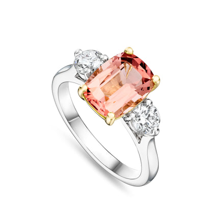 Cushion Cut Pink Tourmaline and Diamond Trilogy Ring in Platinum and Yellow Gold