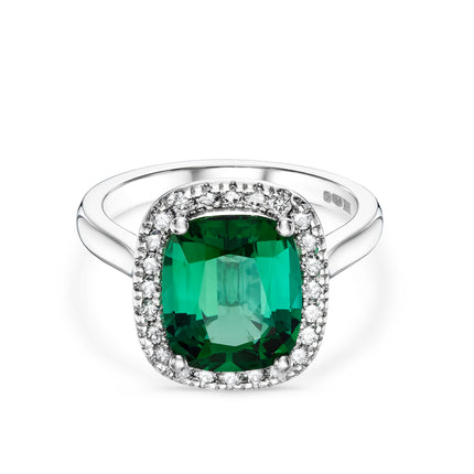 Cushion Cut Green Tourmaline and Diamond Halo Ring in Platinum
