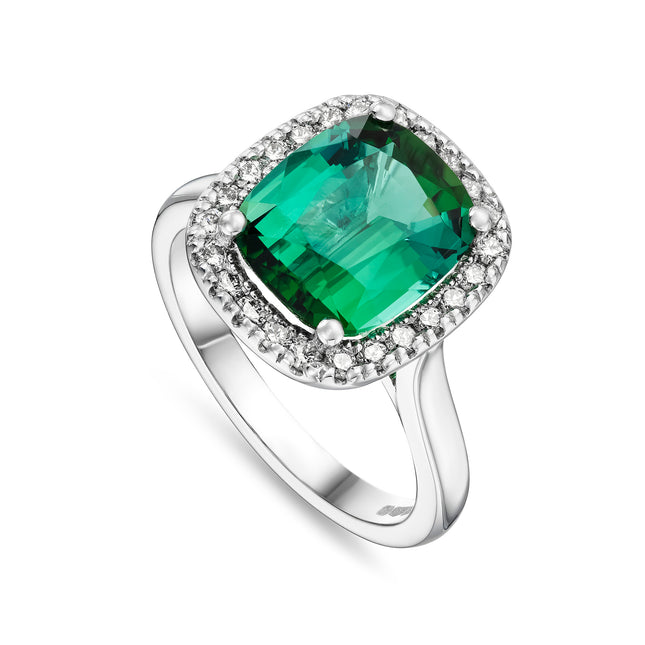Cushion Cut Green Tourmaline and Diamond Halo Ring in Platinum