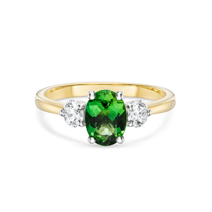 Oval Cut Chrome Tourmaline and Diamond Trilogy Ring in Yellow Gold and Platinum