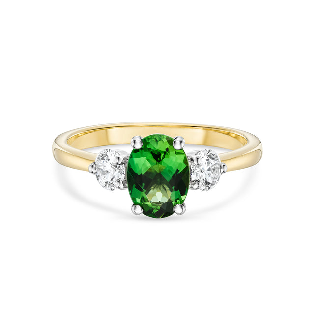 Oval Cut Chrome Tourmaline and Diamond Trilogy Ring in Yellow Gold and Platinum