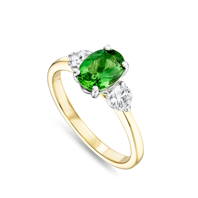 Oval Cut Chrome Tourmaline and Diamond Trilogy Ring in Yellow Gold and Platinum