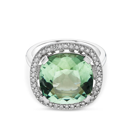 Cushion Cut Mint Tourmaline and Diamond Halo Ring in Platinum