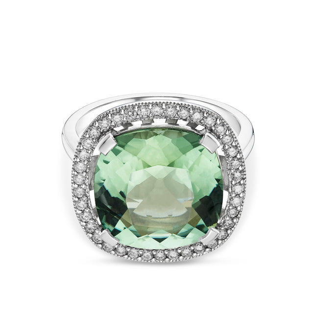 Cushion Cut Mint Tourmaline and Diamond Halo Ring in Platinum