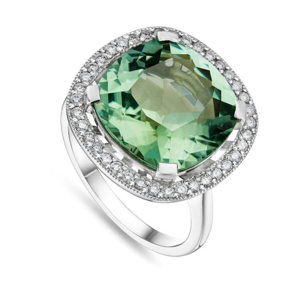 Cushion Cut Mint Tourmaline and Diamond Halo Ring in Platinum