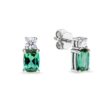 Cushion Cut Green Tourmaline and Diamond Earrings in White Gold