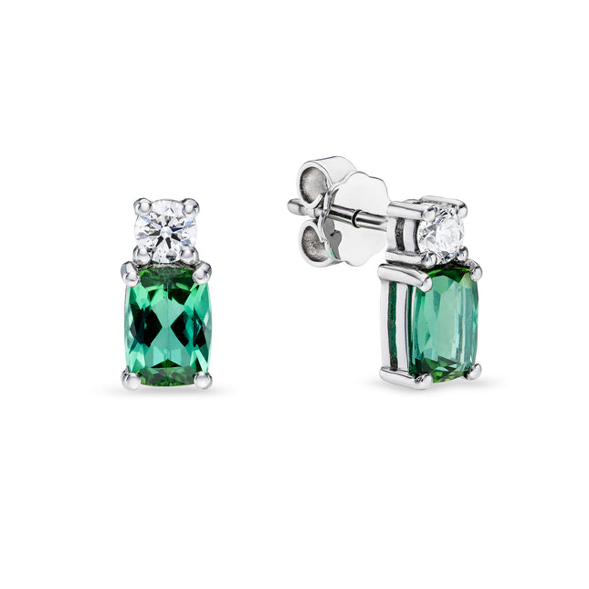 Cushion Cut Green Tourmaline and Diamond Earrings in White Gold