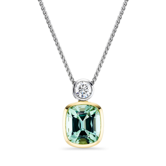 Cushion cut Mint Tourmaline and Diamond Pendant in Yellow and White Gold