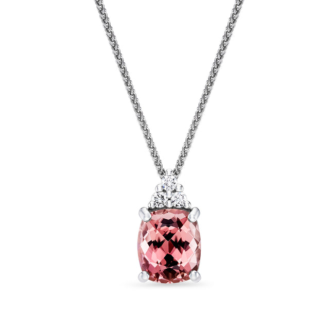 Cushion Cut Pink Tourmaline and Diamond Pendant in White Gold