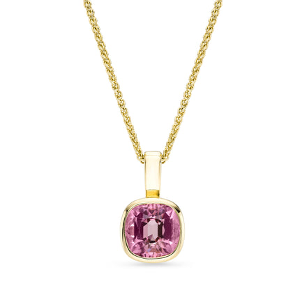 Cushion Cut Pink Tourmaline Pendant in Yellow Gold