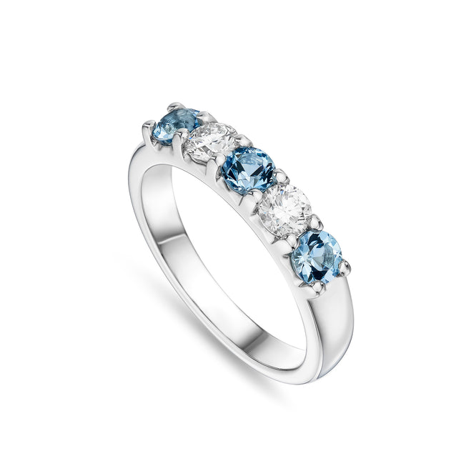 Round Cut Aquamarine and Diamond Eternity Ring in Platinum