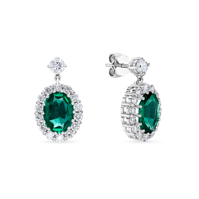 4.46ct Oval Cut Emerald and Diamond Cluster Earrings in White Gold