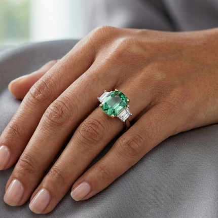 3.88ct Cushion Cut Mint Tourmaline and Diamond Trilogy Ring in Platinum and Yellow Gold