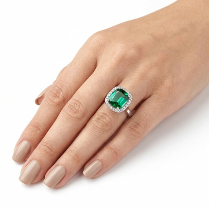 Cushion Cut Green Tourmaline and Diamond Halo Ring in Platinum