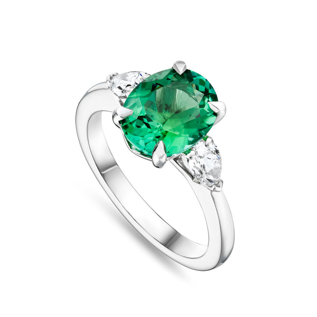 Oval Cut Lagoon Tourmaline and Diamond Trilogy in Platinum