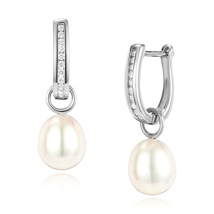 Pearl and diamond drop hoop earrings 