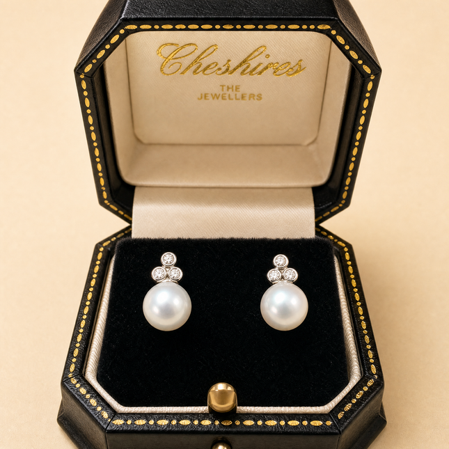 Akoya Pearl and Diamond Trefoil Earrings in White Gold