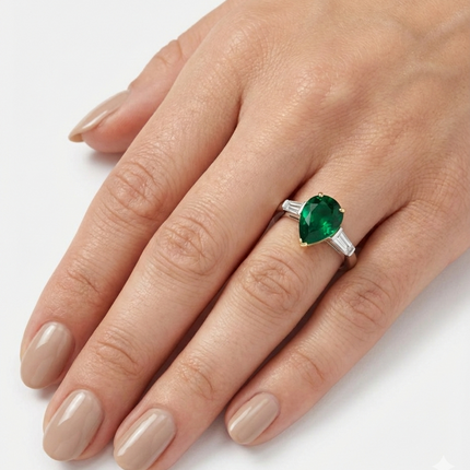 1.99ct Pear Shape Emerald and Diamond Trilogy Ring in Platinum