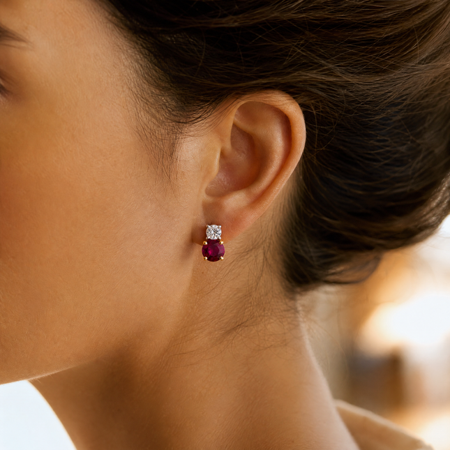 Round Cut Ruby and Diamond Stud Earrings in White and Yellow Gold