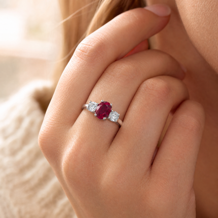 1.48ct Oval Cut Ruby and Diamond Trilogy Ring in Platinum