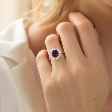 1.97ct Oval Cut Ruby and Diamond Cluster Ring in Platinum