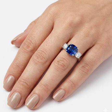 4.08ct Cushion Cut Sapphire and Diamond Trilogy Ring in Platinum