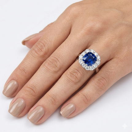 3.86ct Cushion Cut Sapphire and Diamond Cluster Ring in Platinum