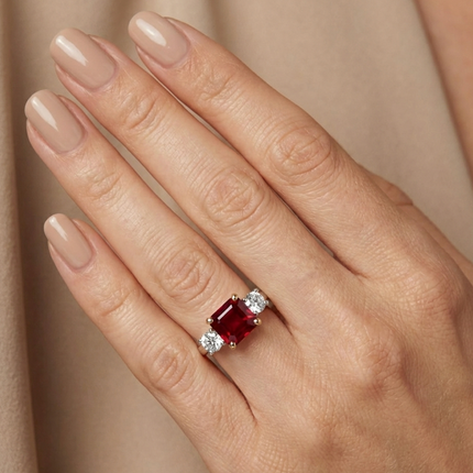 2.02ct Emerald Cut Ruby and Diamond Trilogy Ring in Platinum and Rose Gold