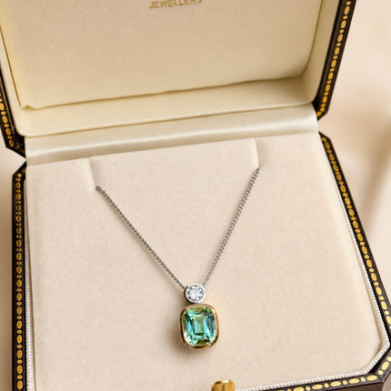 Cushion Cut Mint Tourmaline and Diamond Pendant in Yellow and White Gold